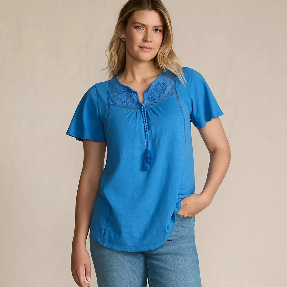 Women's Slub Flutter Sleeve Lace Trim Notch Neck Tunic Top