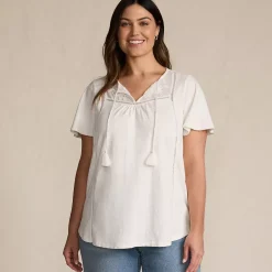 Women's Slub Flutter Sleeve Lace Trim Notch Neck Tunic Top