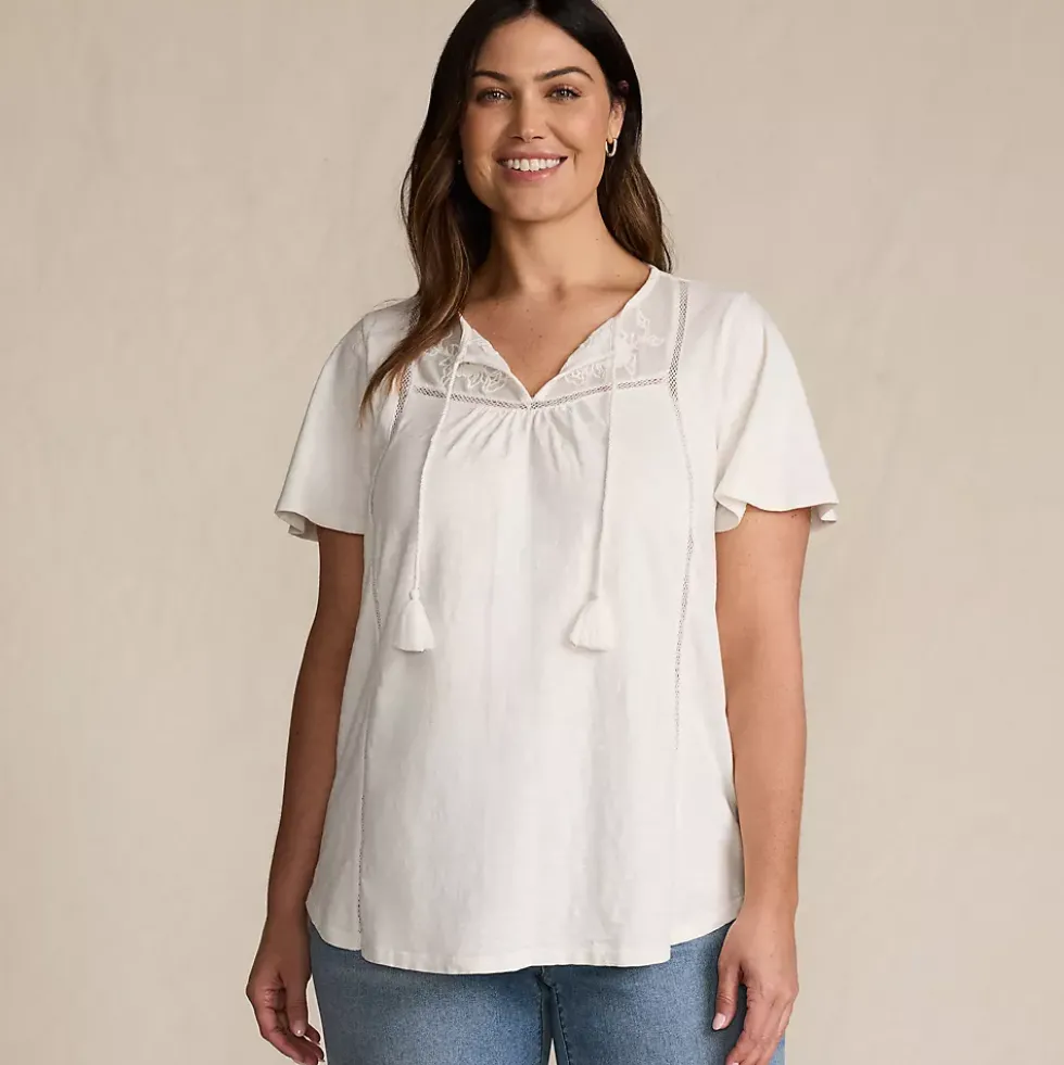 Women's Slub Flutter Sleeve Lace Trim Notch Neck Tunic Top