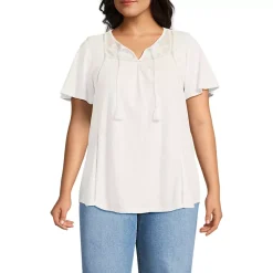 Women's Slub Flutter Sleeve Lace Trim Notch Neck Tunic Top