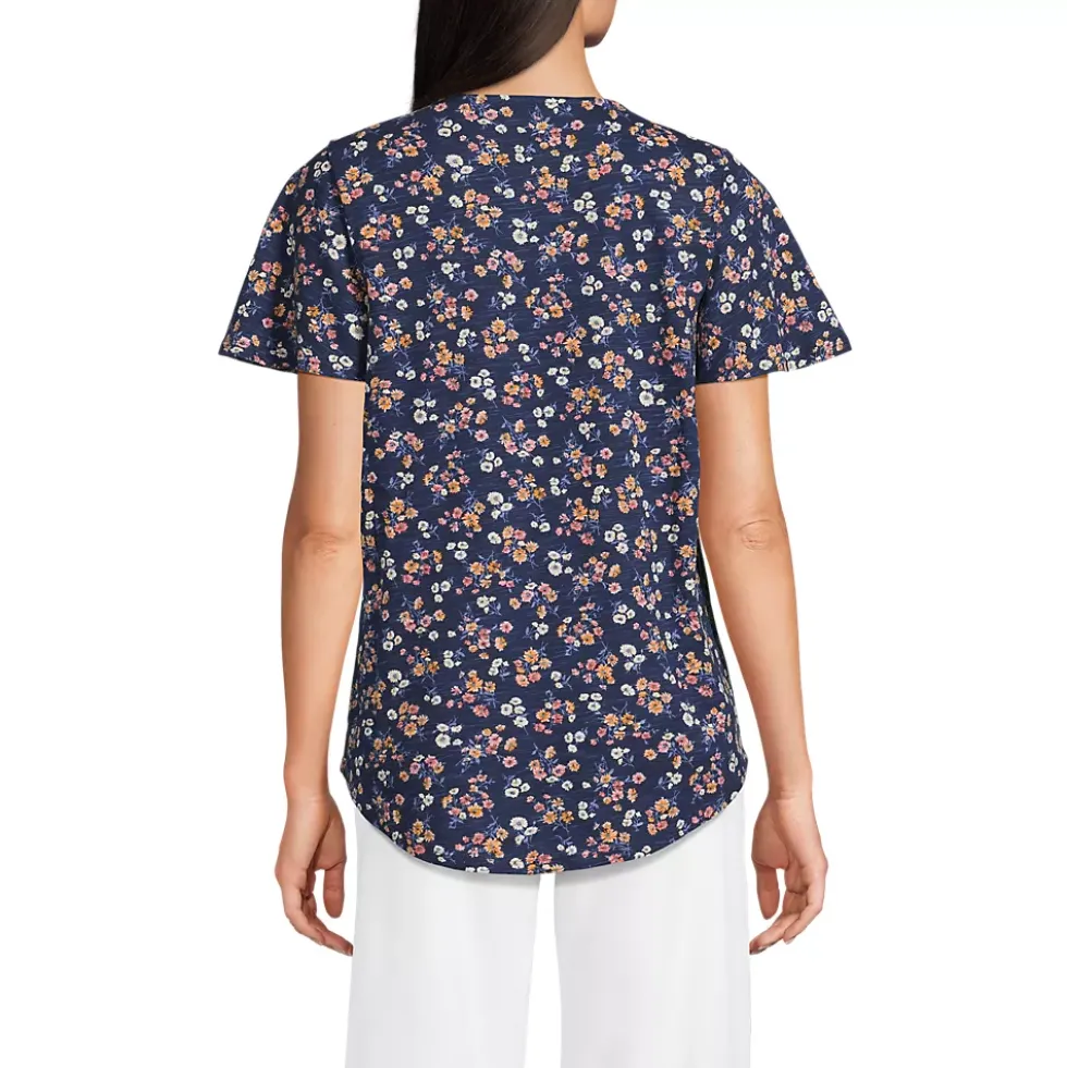 Women's Slub Flutter Sleeve Lace Trim Notch Neck Tunic Top