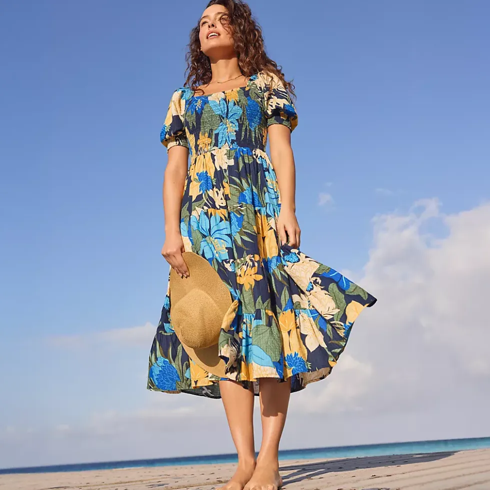 Women's Smocked Cotton Dobby Midi Puff Sleeve Dress