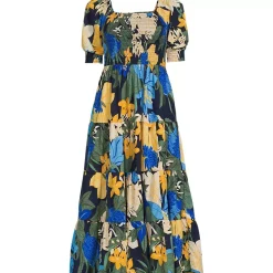Women's Smocked Cotton Dobby Midi Puff Sleeve Dress