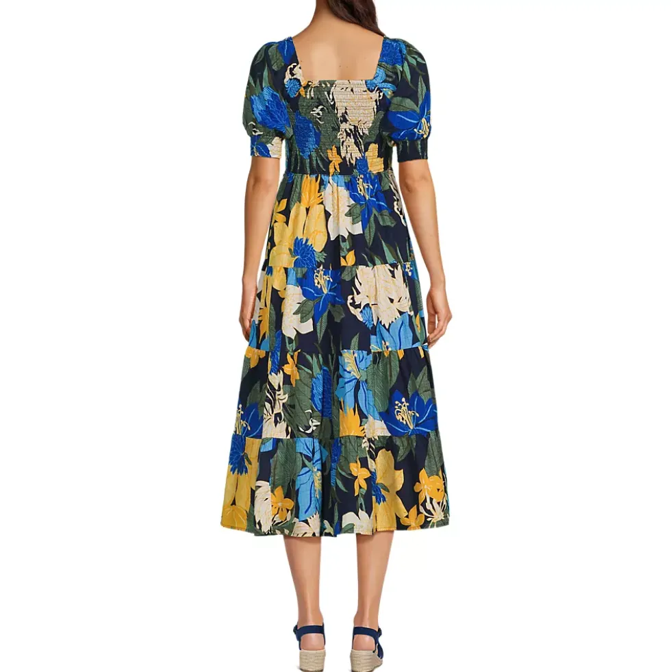 Women's Smocked Cotton Dobby Midi Puff Sleeve Dress