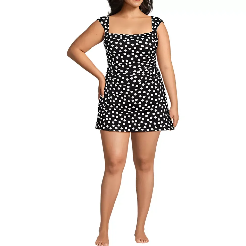 Women's Smoothing Square Neck Ruched Swim Dress Swimsuit