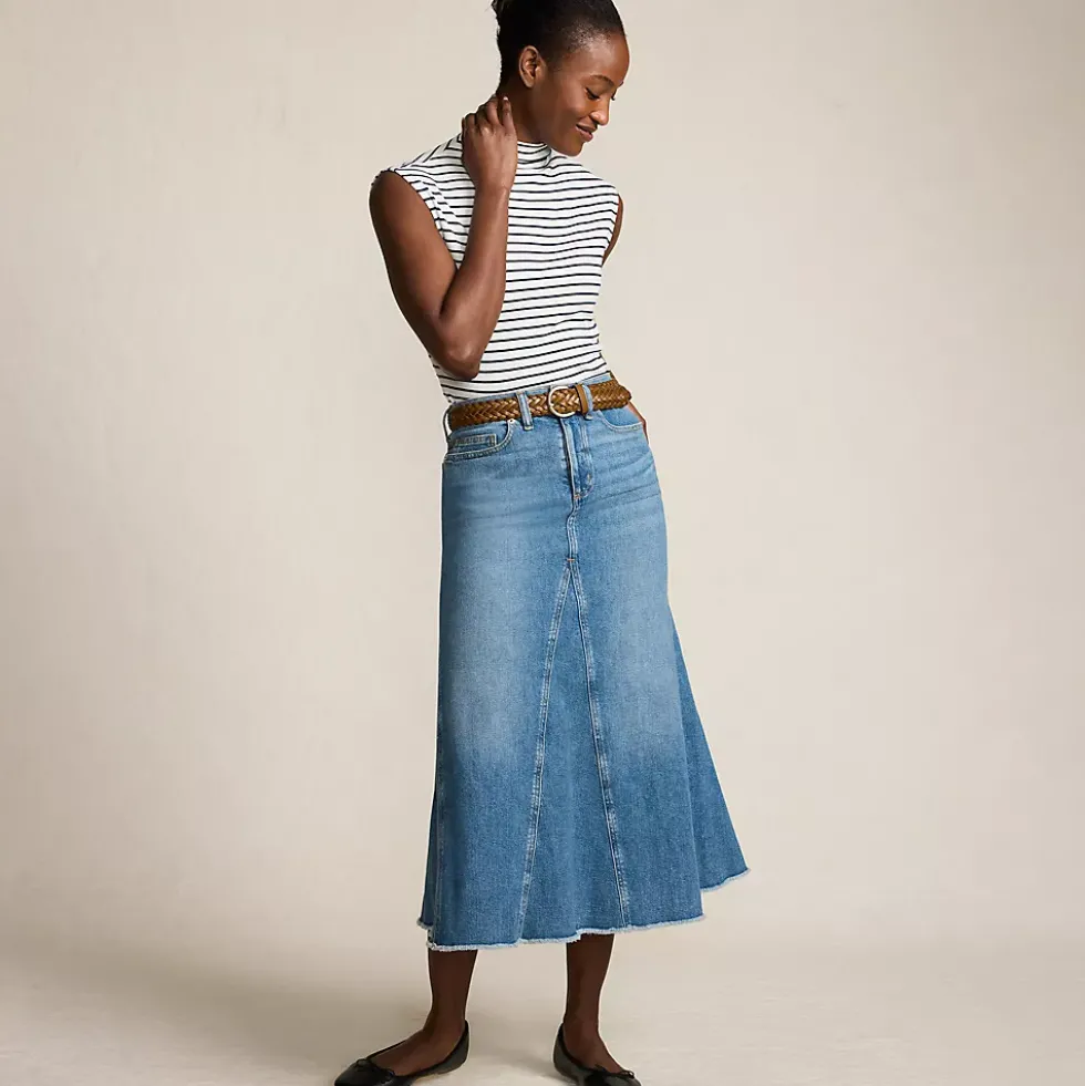 Women's Soft Denim Godet Midi Skirt