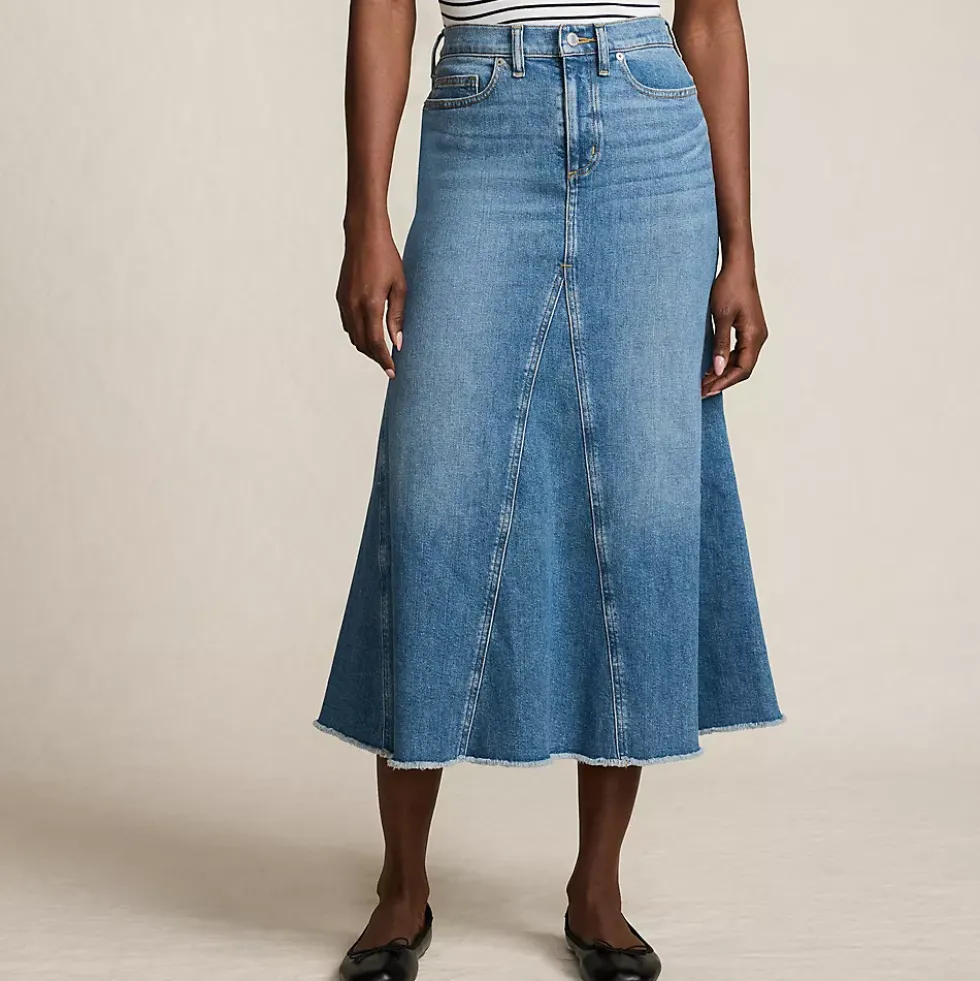 Women's Soft Denim Godet Midi Skirt
