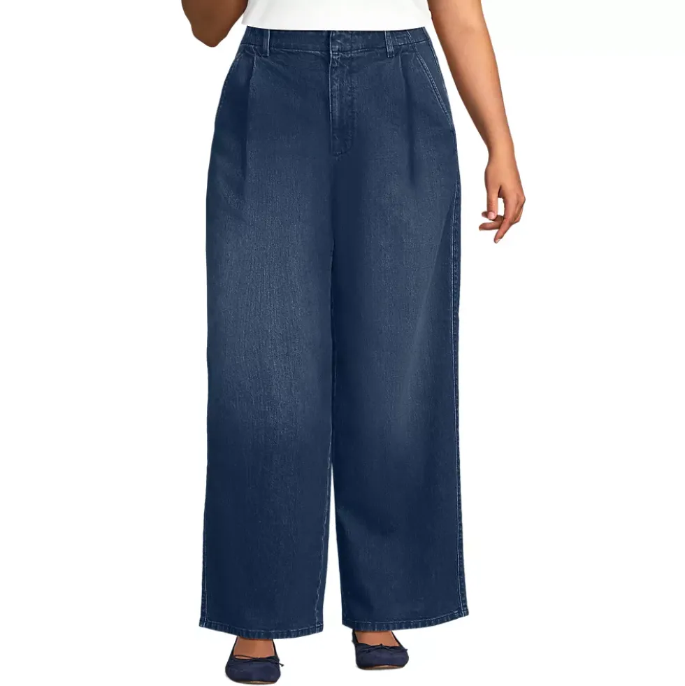 Women's Soft Denim High Rise Pleated Wide Leg Trousers