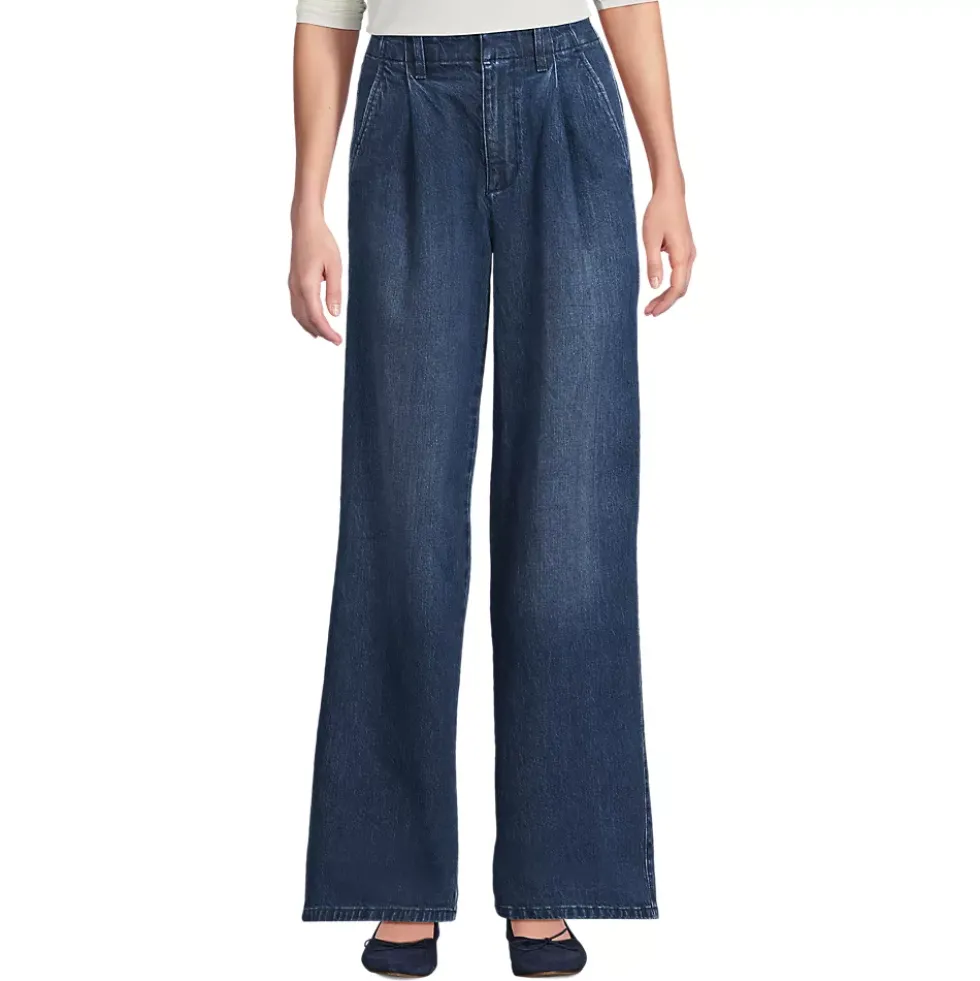 Women's Soft Denim High Rise Pleated Wide Leg Trousers