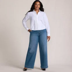 Women's Soft Denim High Rise Wide Leg Top Stitch Trousers