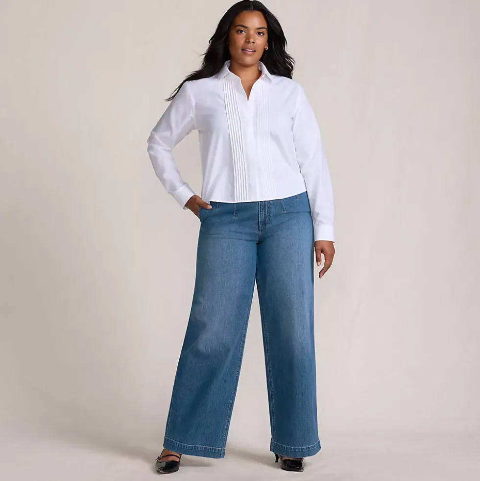 Women's Soft Denim High Rise Wide Leg Top Stitch Trousers