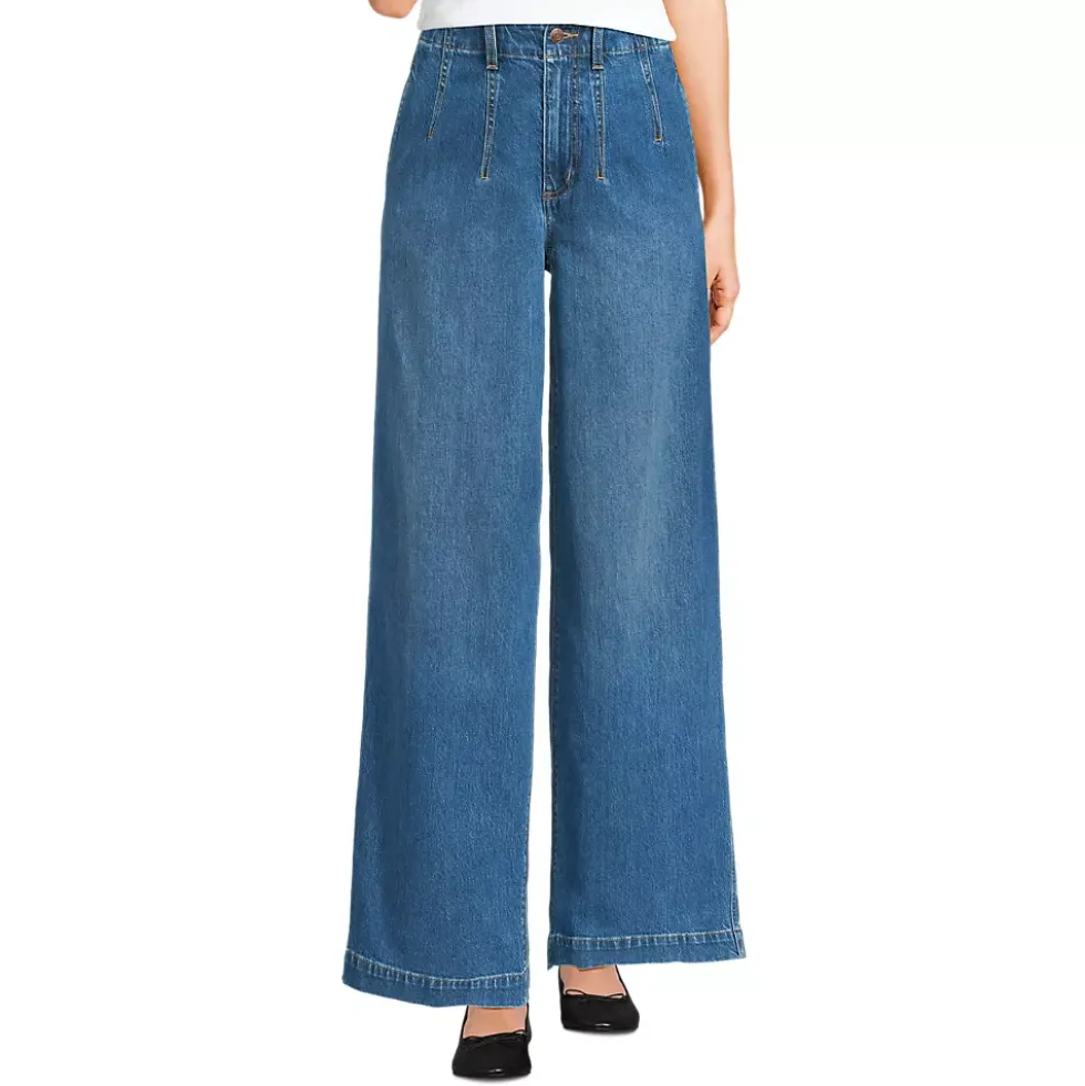 Women's Soft Denim High Rise Wide Leg Top Stitch Trousers