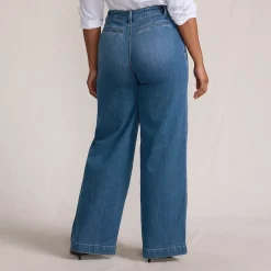 Women's Soft Denim High Rise Wide Leg Top Stitch Trousers