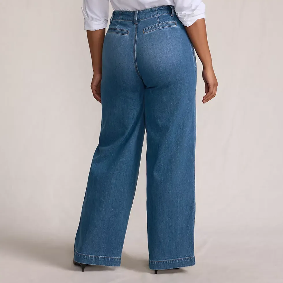 Women's Soft Denim High Rise Wide Leg Top Stitch Trousers