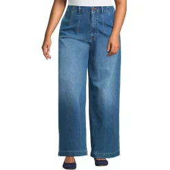 Women's Soft Denim High Rise Wide Leg Top Stitch Trousers