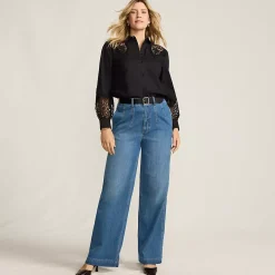 Women's Soft Denim High Rise Wide Leg Top Stitch Trousers