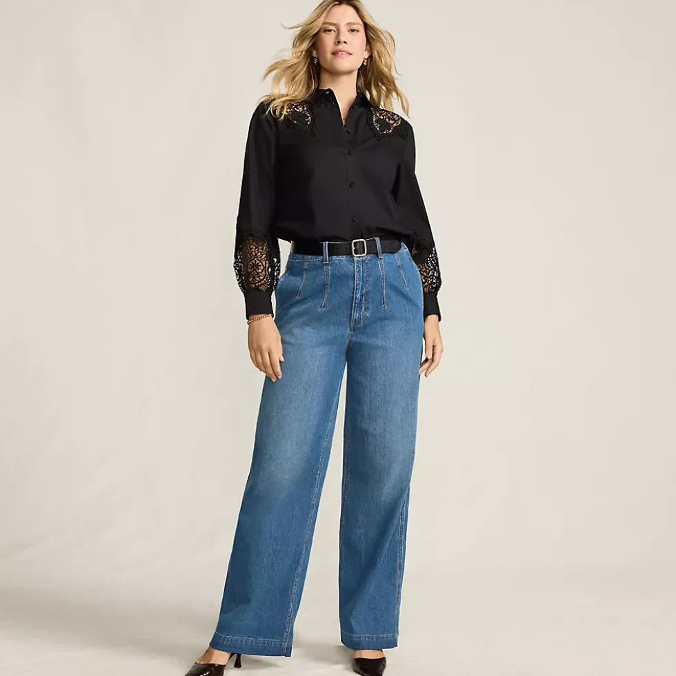 Women's Soft Denim High Rise Wide Leg Top Stitch Trousers