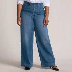 Women's Soft Denim High Rise Wide Leg Top Stitch Trousers