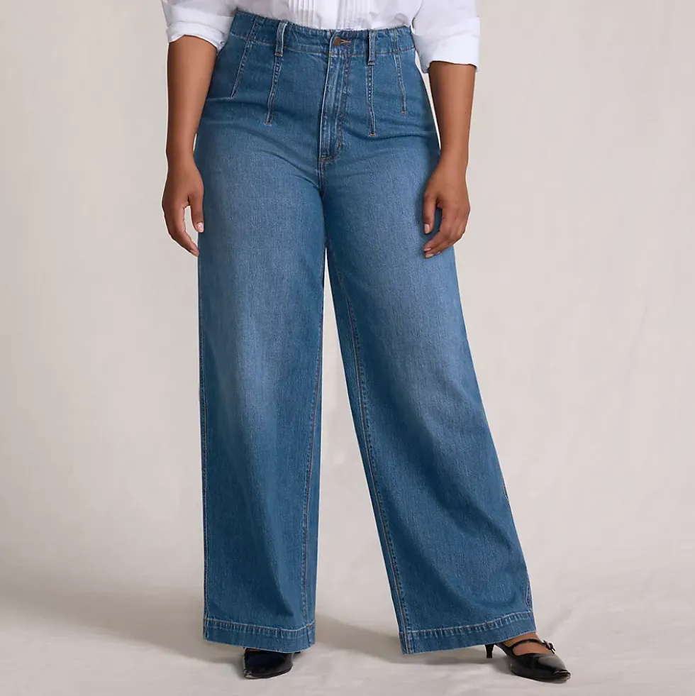 Women's Soft Denim High Rise Wide Leg Top Stitch Trousers