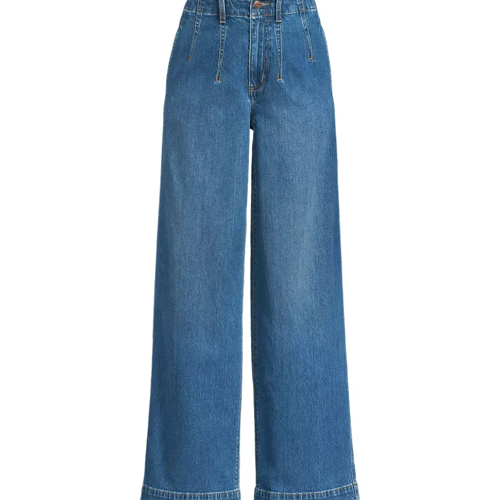 Women's Soft Denim High Rise Wide Leg Top Stitch Trousers