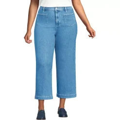 Women's Soft Denim High Rise Wide Leg Patch Pocket Crop Jeans