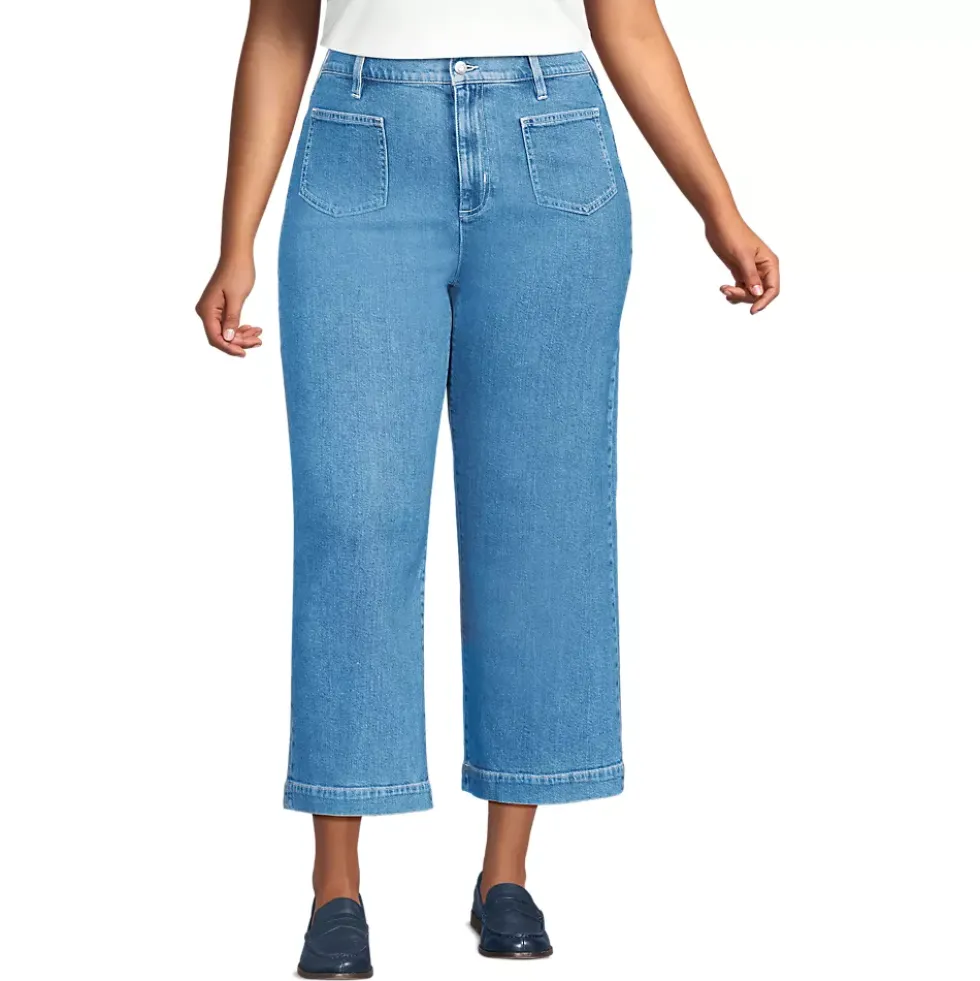 Women's Soft Denim High Rise Wide Leg Patch Pocket Crop Jeans