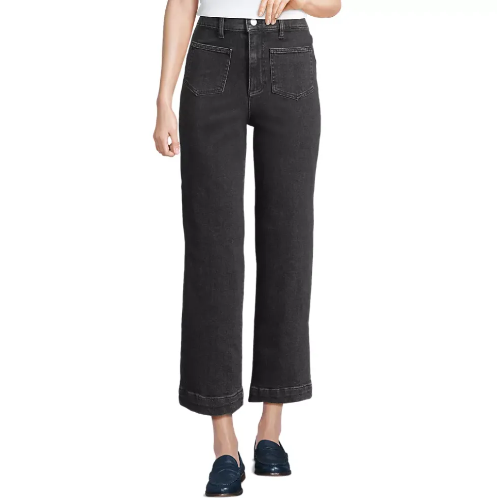 Women's Soft Denim High Rise Wide Leg Patch Pocket Crop Jeans