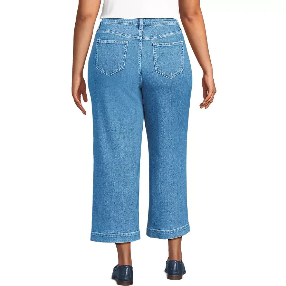Women's Soft Denim High Rise Wide Leg Patch Pocket Crop Jeans