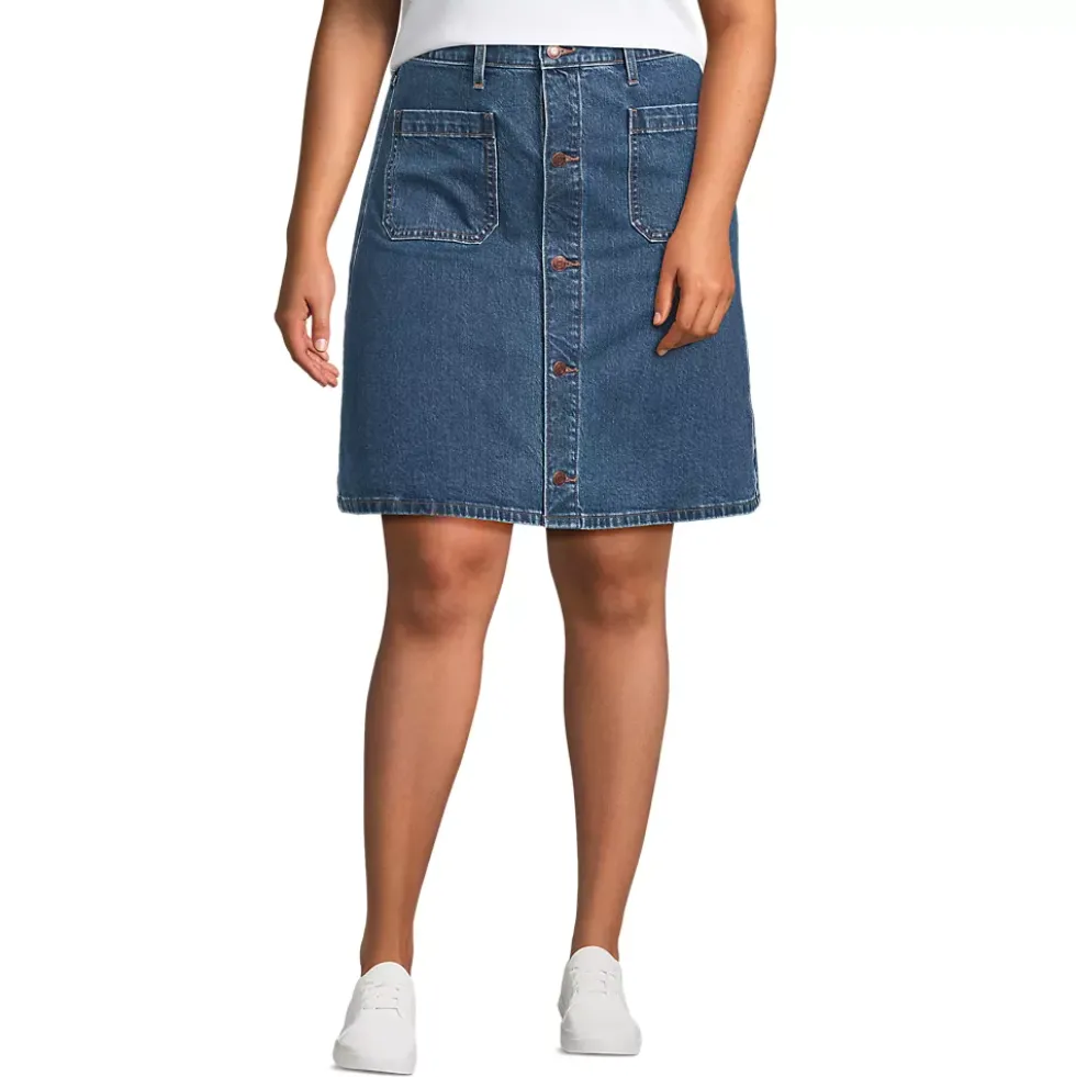 Women's Soft Denim Mid Rise Button Through Above the Knee Skirt