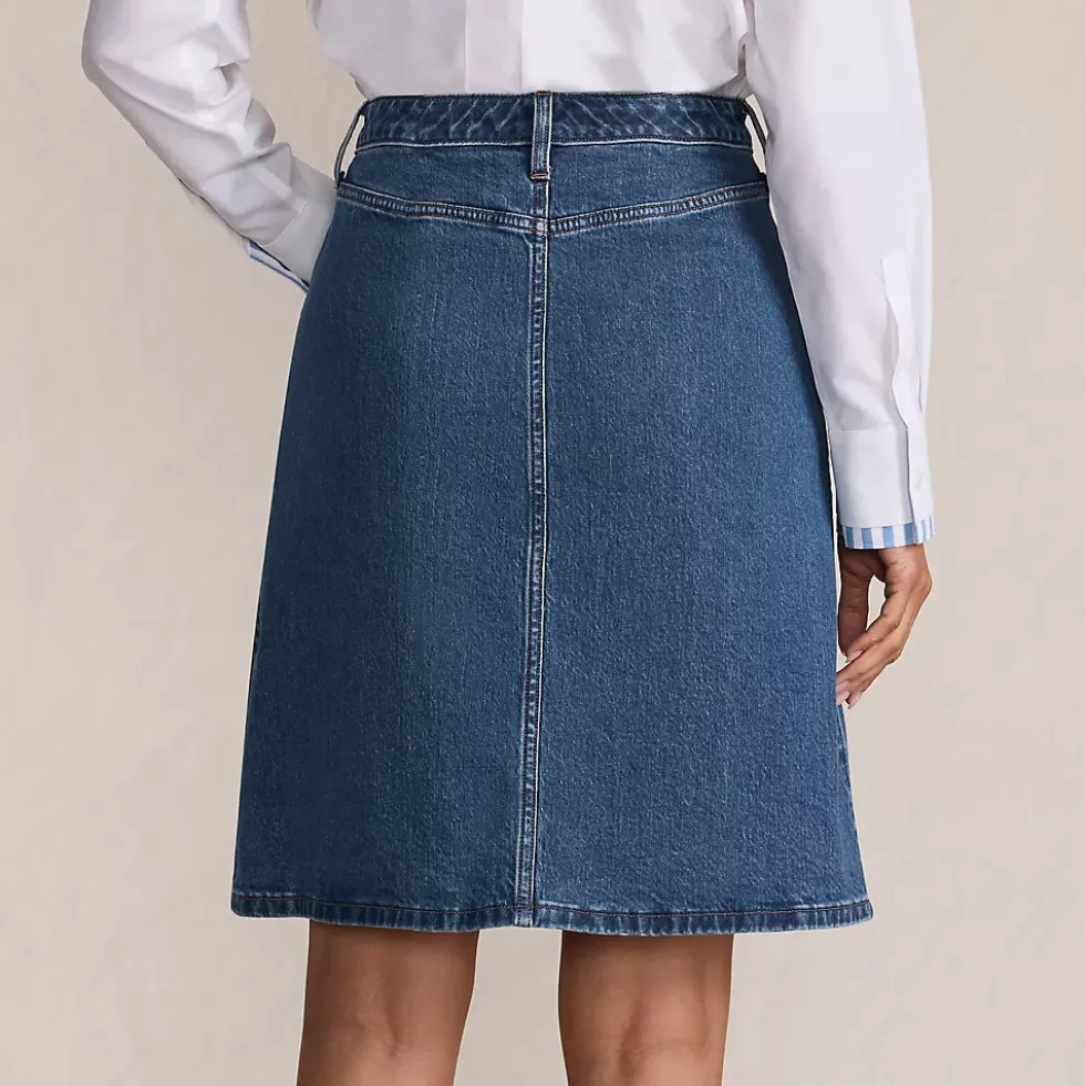 Women's Soft Denim Mid Rise Button Through Above the Knee Skirt