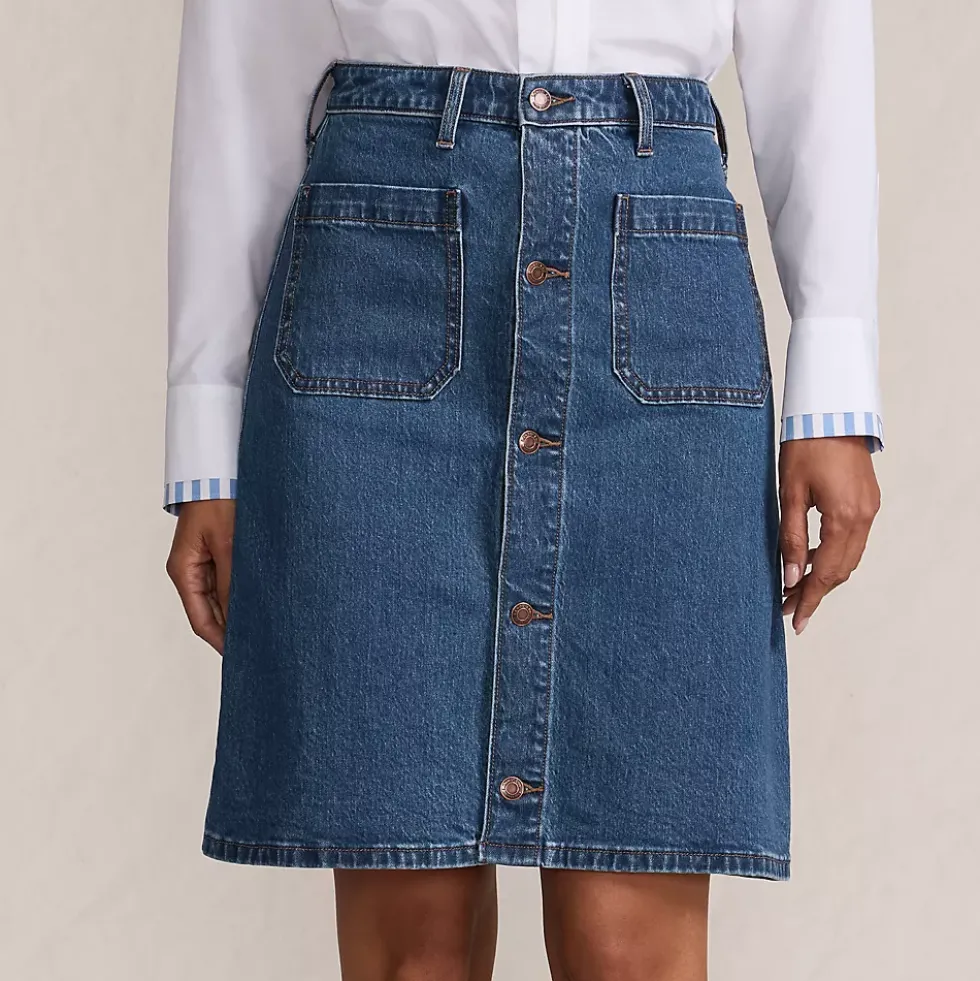 Women's Soft Denim Mid Rise Button Through Above the Knee Skirt