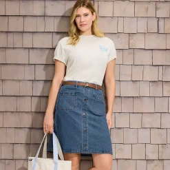 Women's Soft Denim Mid Rise Button Through Above the Knee Skirt
