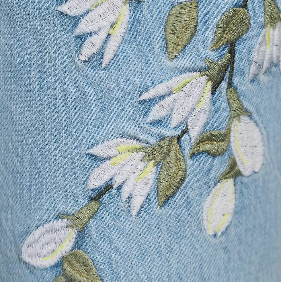Women's Soft Denim Mid Rise Relaxed Straight Leg Embroidered Jeans