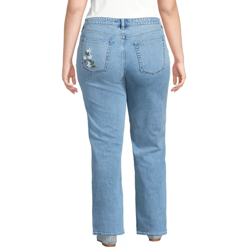 Women's Soft Denim Mid Rise Relaxed Straight Leg Embroidered Jeans