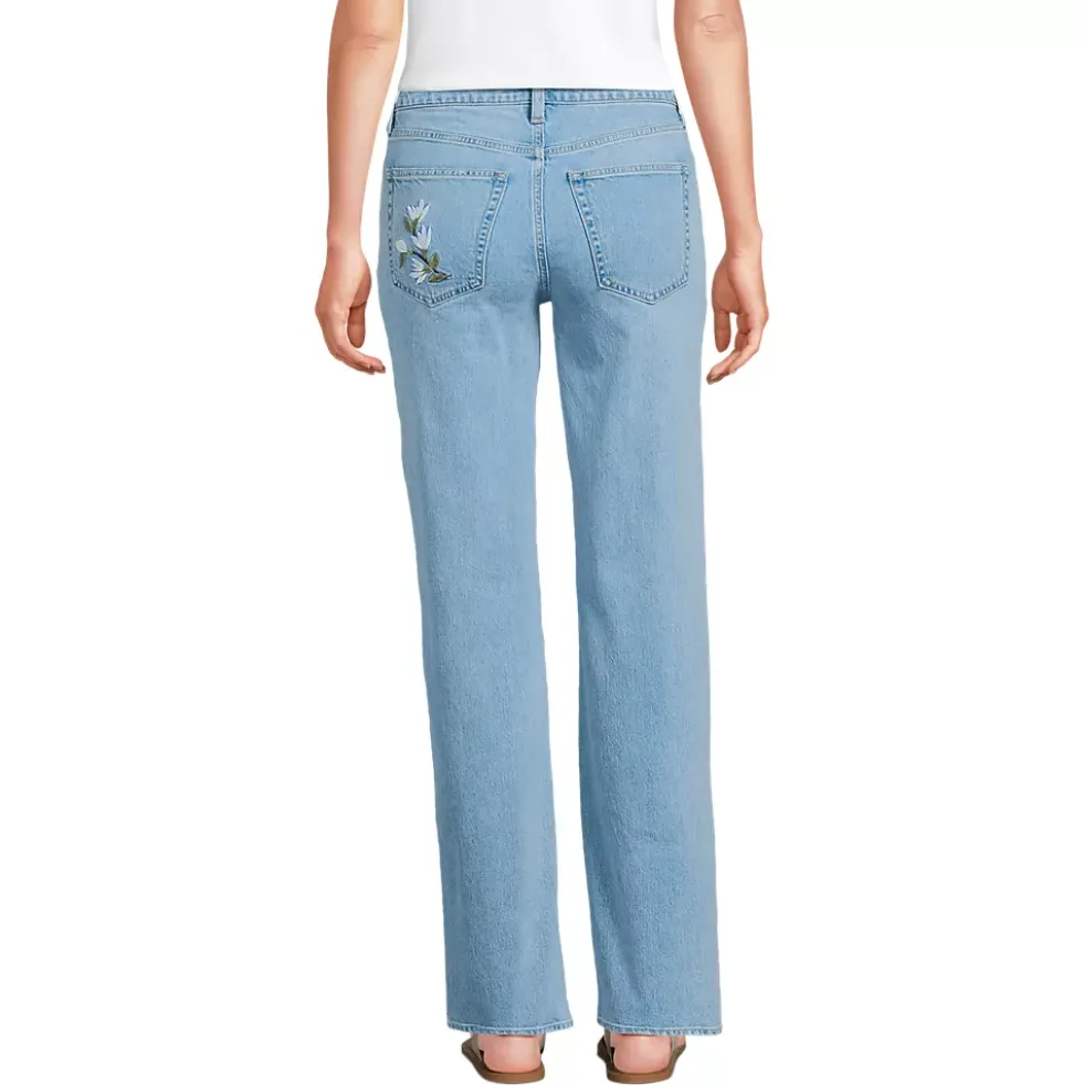 Women's Soft Denim Mid Rise Relaxed Straight Leg Embroidered Jeans