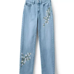 Women's Soft Denim Mid Rise Relaxed Straight Leg Embroidered Jeans