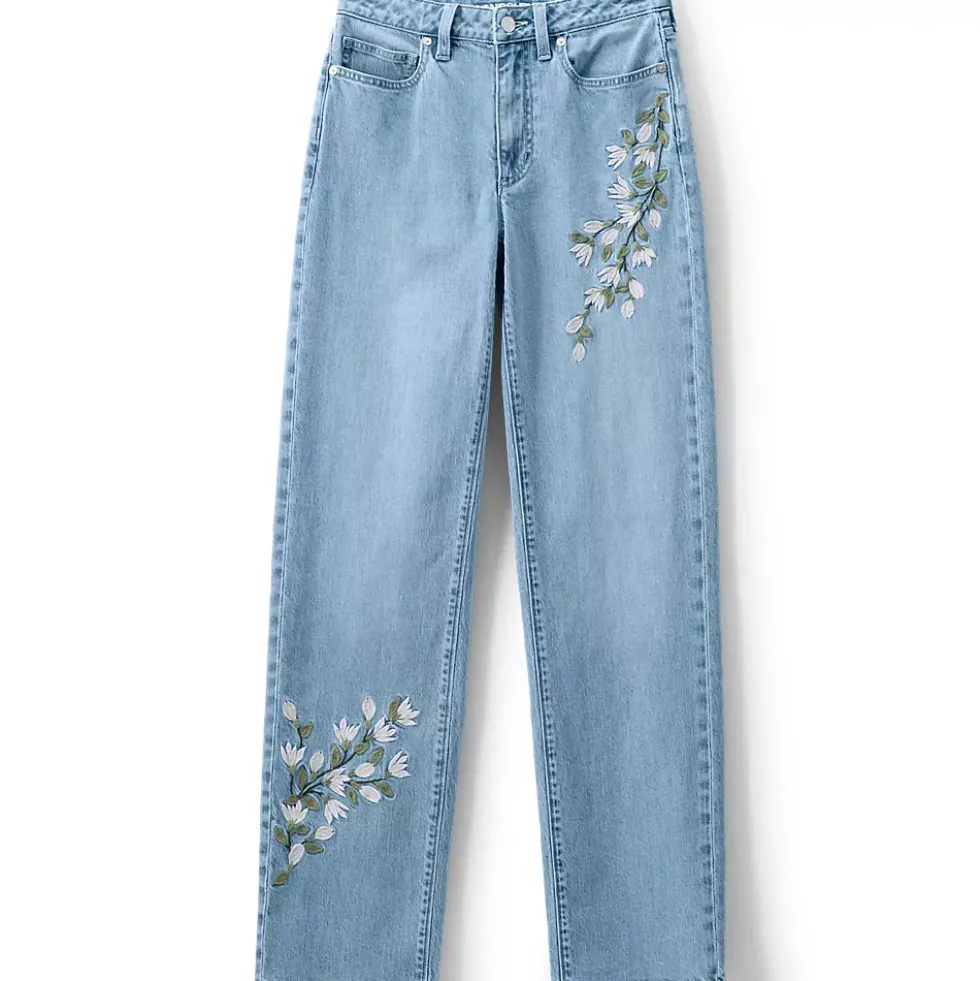 Women's Soft Denim Mid Rise Relaxed Straight Leg Embroidered Jeans