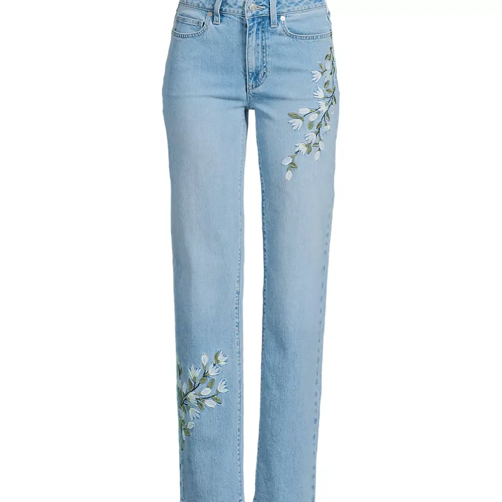 Women's Soft Denim Mid Rise Relaxed Straight Leg Embroidered Jeans