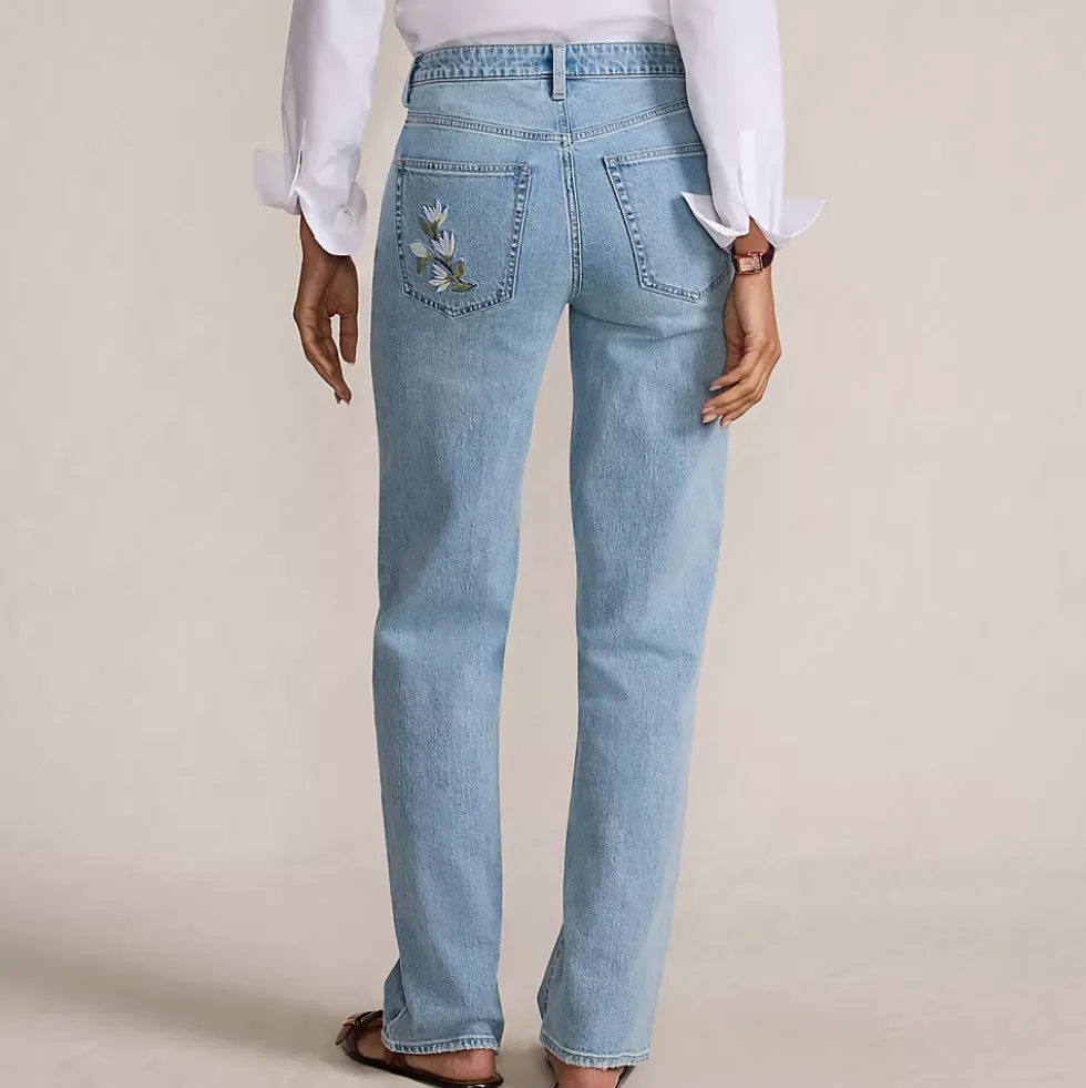 Women's Soft Denim Mid Rise Relaxed Straight Leg Embroidered Jeans