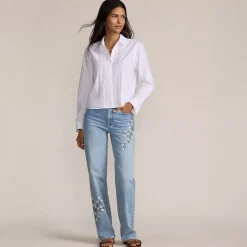 Women's Soft Denim Mid Rise Relaxed Straight Leg Embroidered Jeans
