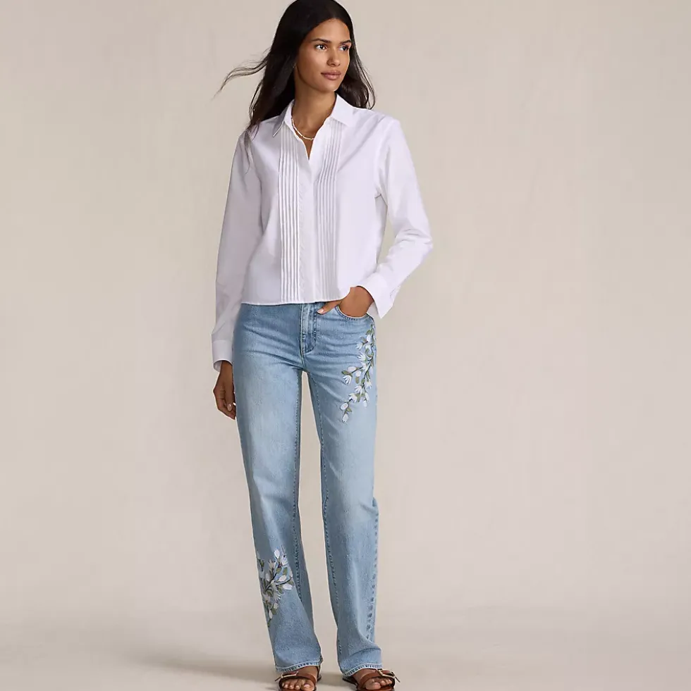 Women's Soft Denim Mid Rise Relaxed Straight Leg Embroidered Jeans