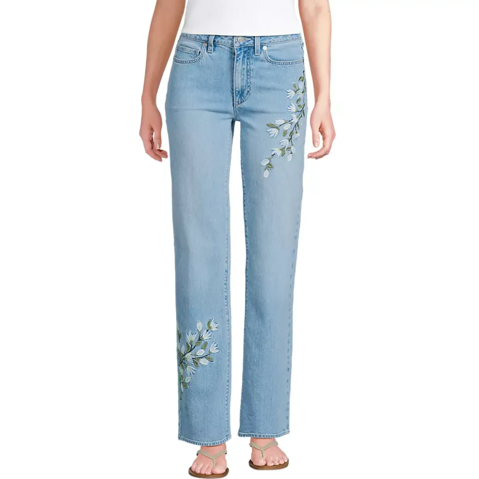 Women's Soft Denim Mid Rise Relaxed Straight Leg Embroidered Jeans