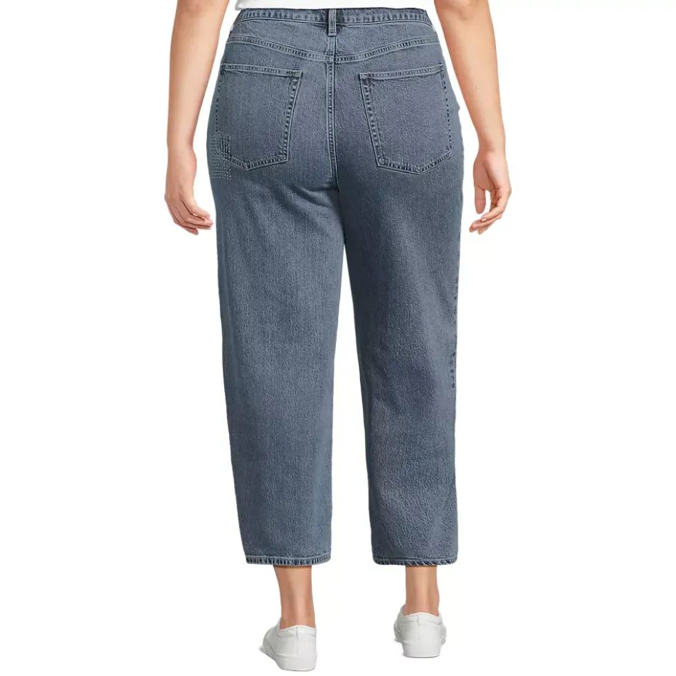 Women's Soft Denim Mid Rise Relaxed Straight Crop Patchwork Jeans