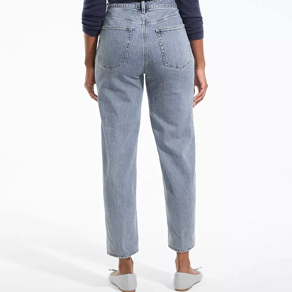 Women's Soft Denim Mid Rise Relaxed Straight Crop Patchwork Jeans