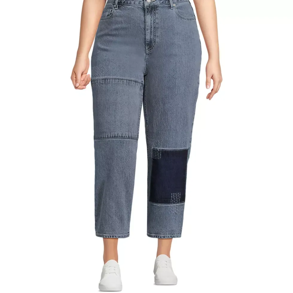 Women's Soft Denim Mid Rise Relaxed Straight Crop Patchwork Jeans