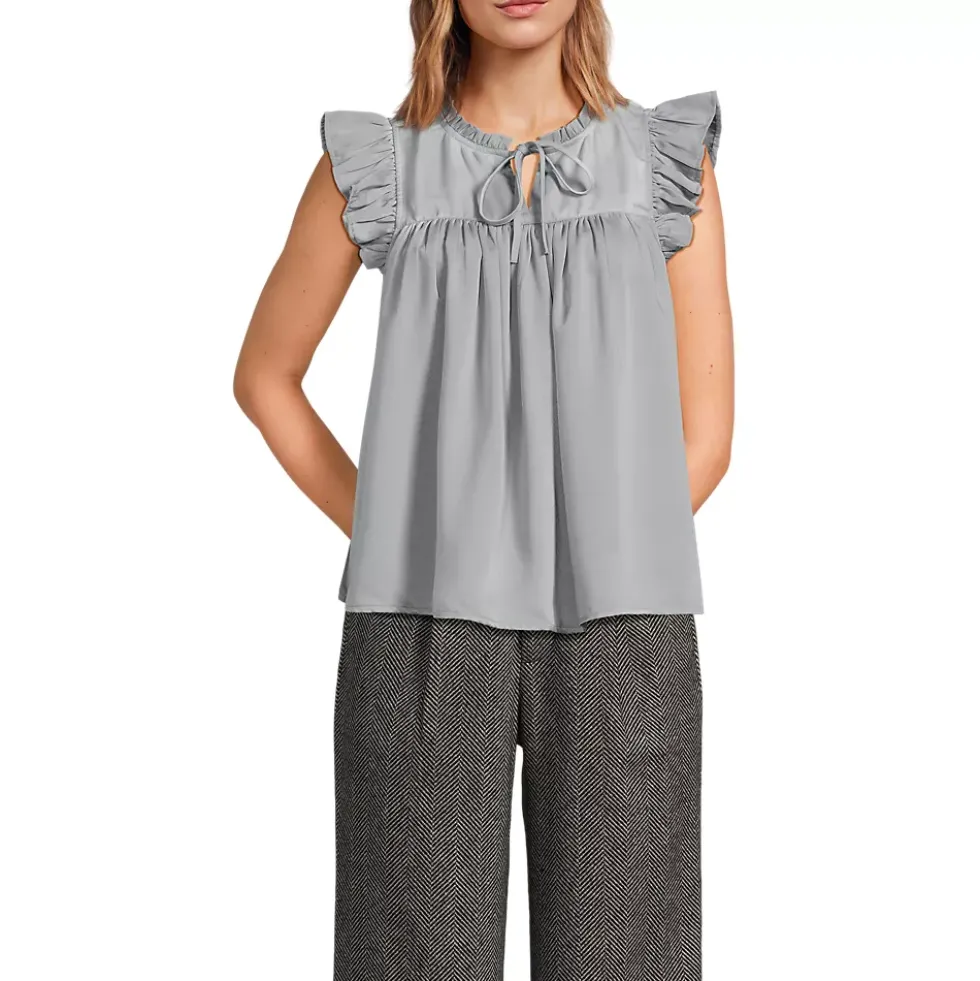 Women's Split Neck Satin Ruffle Blouse