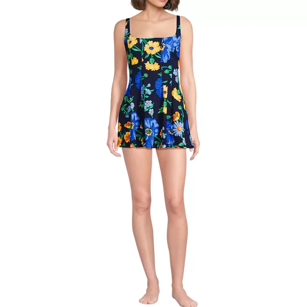 Women's Square Neck Corset Seamed Swim Dress