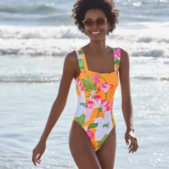 Women's Square Neck High Leg One Piece Swimsuit
