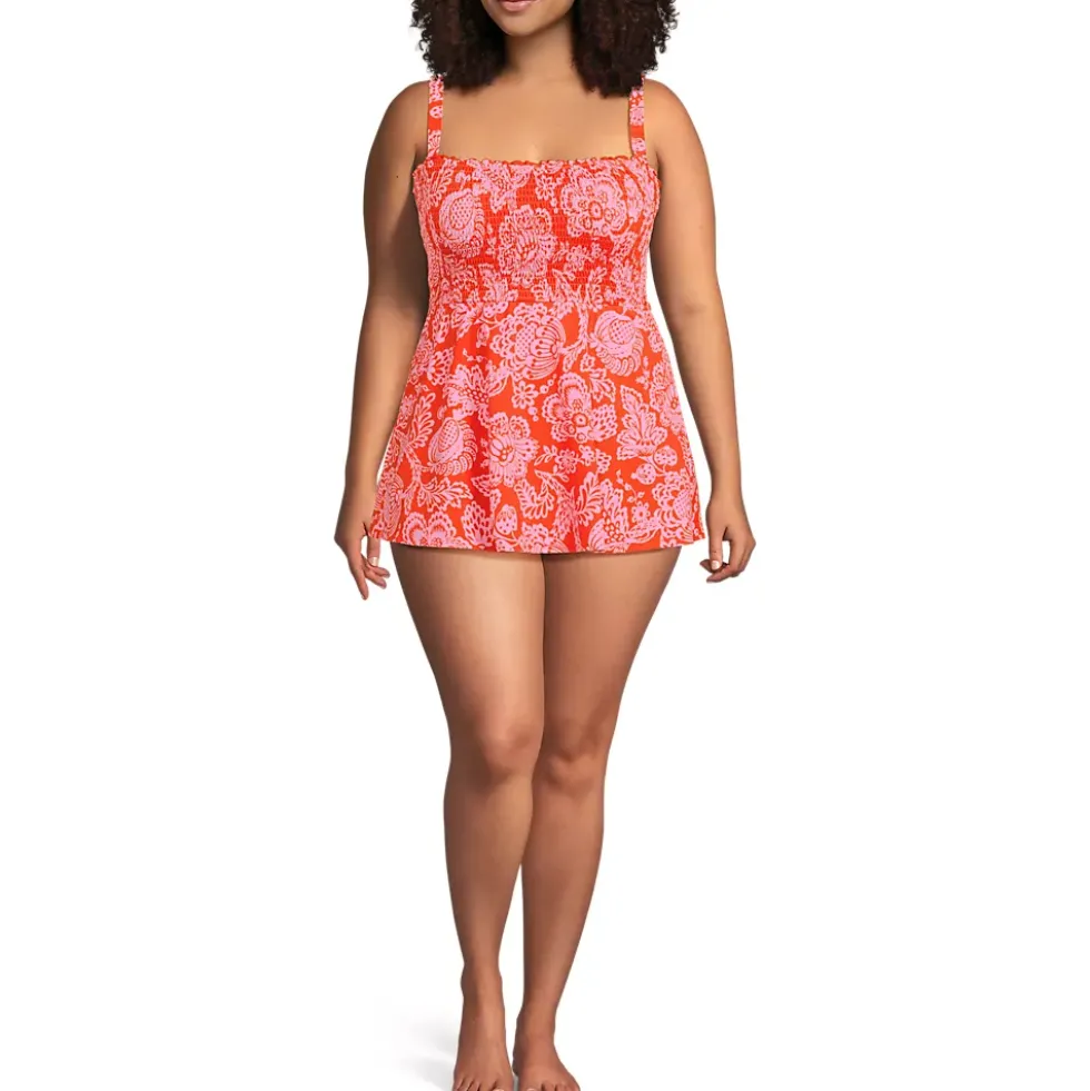 Womens Square Neck Smocked Mini Swim Dress