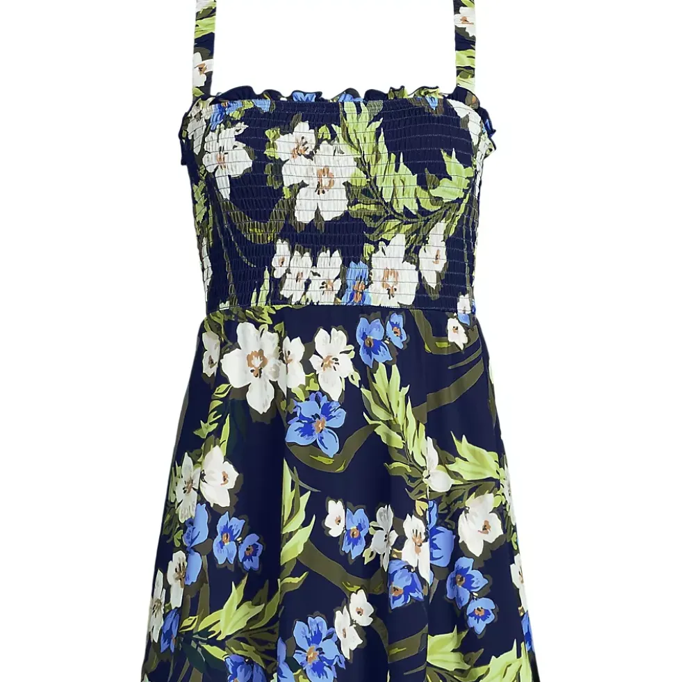 Womens Square Neck Smocked Mini Swim Dress
